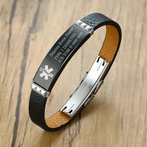 Personalized Medical Alert Bracelet – Black Genuine Leather, Custom Engraved ID Tag for Diabetes, Emergency Medical Jewelry