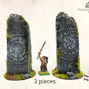 May include: Two weathered stone pillars with Celtic knot designs and moss accents, ideal for tabletop gaming. A miniature figure with a sword stands between them. Includes dice and the text "2 pieces".