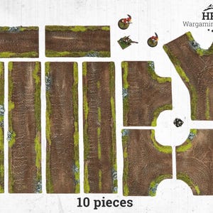 May include: A set of 10 wargaming terrain pieces. The pieces are brown with green and gray accents, resembling roads and pathways. The set includes straight sections, intersections, and a Y-shaped piece. The text "10 pieces" is visible.