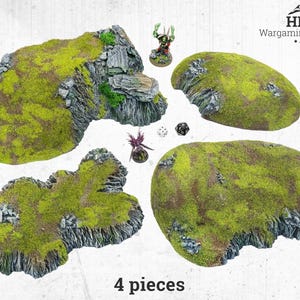 Hills Set - wildland, obstacle -  ready to play wargaming terrain for war games and RPG - D&D, War Hammer, Old World. Flocked and painted