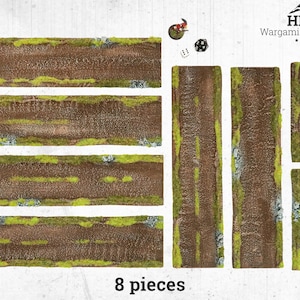 May include: Eight-piece wargaming terrain set featuring brown road sections with green moss and stone accents. Includes a miniature figure and dice. The text "8 pieces" is visible.