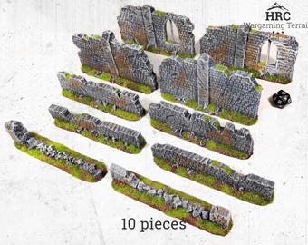 Ruined Walls Set - ancient, obstacle - ready to play wargaming terrain for war games and RPG-D&D, War Hammer, Old World. Flocked and painted