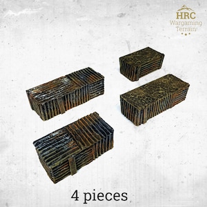 May include: Four rectangular, weathered terrain pieces for tabletop gaming. The pieces are brown and black with a corrugated texture, and the image includes the text "4 pieces" at the bottom.