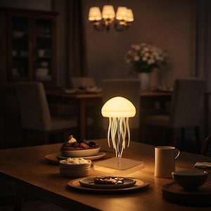 May include: A jellyfish-shaped table lamp with a glowing, rounded top and flowing, tentacle-like strands. The lamp sits on a square base, casting a warm, ambient light. The lamp is on a wooden table with food and drink.