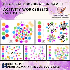 Pode incluir: Um conjunto de cinco folhas de atividades para jogos de coordenação bilateral. Cada folha de trabalho apresenta padrões de pontos coloridos, espirais e formas de estrela. O texto diz "Bilateral Coordination Games Activity Worksheets (Set of 5)" e "Digital PDF Print as many times as you'd like!"