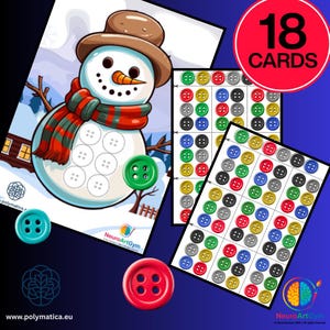 Può includere: Un colorato gioco educativo con un pupazzo di neve e bottoni. L'immagine presenta 18 carte con bottoni colorati, più bottoni singoli verdi, rossi e turchese. Il pupazzo di neve indossa un cappello marrone.