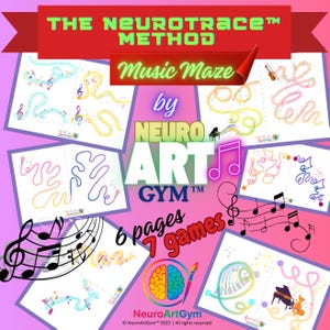Puede incluir: Un gráfico rosa y morado con el texto "THE NEUROTRACE METHOD" y "Music Maze". La imagen muestra varias páginas con laberintos musicales, notas e instrumentos. También es visible el texto "6 pages 7 games".
