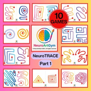 May include: A set of ten colorful NeuroTRACE Part 1 games. Each game features a unique line design with a starting and ending point. A red circle with the text "10 GAMES" is in the center. The NeuroArtGym logo is also visible.