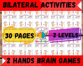 Puede incluir: Un recurso educativo colorido con "Actividades Bilaterales", diagramas de manos y puntos de colores. La imagen incluye el texto "30 páginas" y "2 niveles", diseñado como "2 Hands Brain Games". El diseño incorpora un gráfico de cerebro.