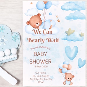 We Can Bearly Wait Baby Shower Invitation | Blue Teddy Bear Digital Invite | Editable Canva Template for Baby Boy Shower