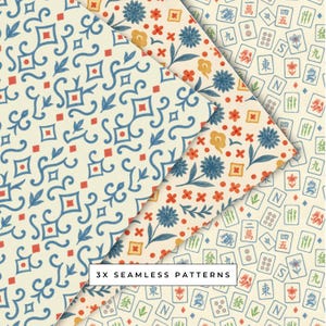 Puede incluir: Tres patrones sin costuras con fondos crema. Uno presenta formas geom&eacute;tricas azules y rojas, otro tiene flores azules y acentos rojos, y el tercero muestra fichas de Mahjong. El texto "3X SEAMLESS PATTERNS" es visible.