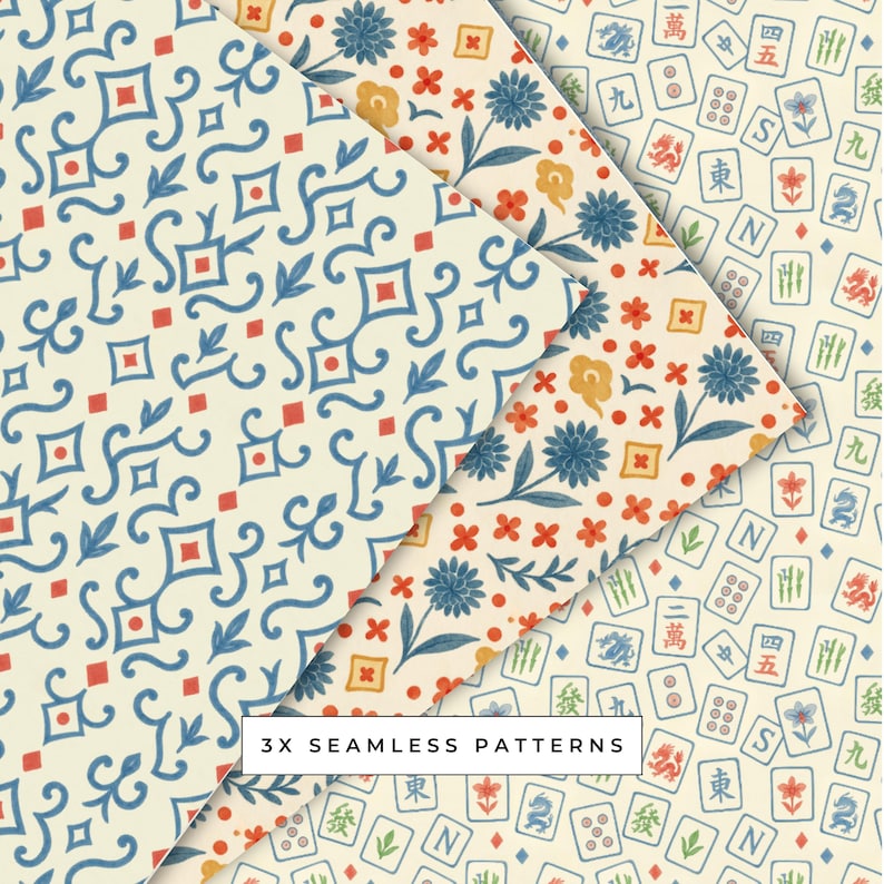 Puede incluir: Tres patrones sin costuras con fondos crema. Uno presenta formas geom&eacute;tricas azules y rojas, otro tiene flores azules y acentos rojos, y el tercero muestra fichas de Mahjong. El texto "3X SEAMLESS PATTERNS" es visible.