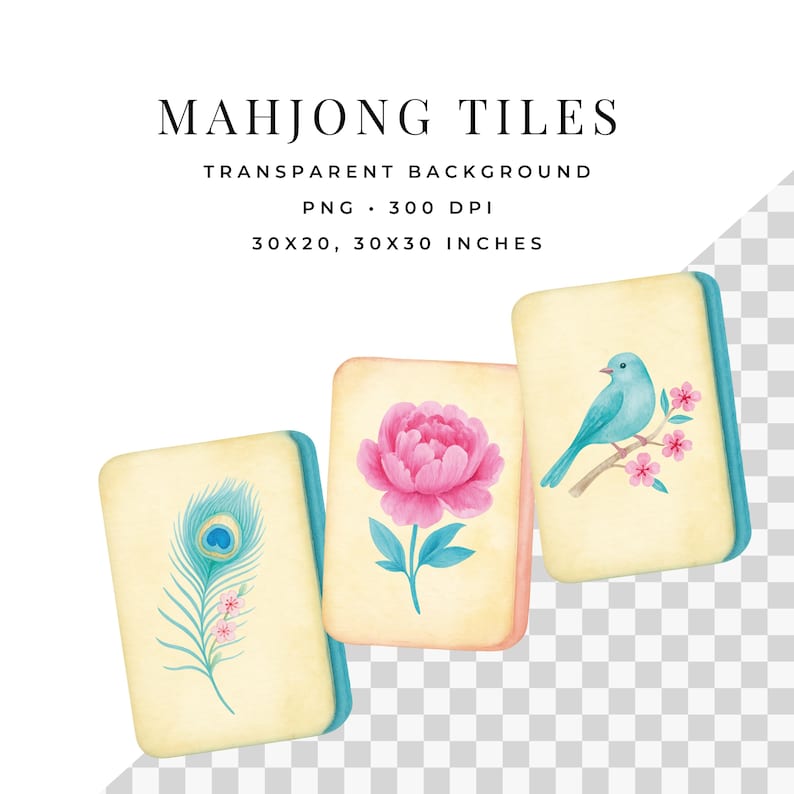 May include: Watercolor Mahjong tiles with a transparent background. The tiles feature a peacock feather, a pink peony, and a blue bird on a branch. The tiles are approximately 76 x 51 cm and 76 x 76 cm.