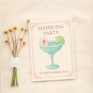 May include: A light beige invitation card with the text "MAHJONG PARTY" in purple. The card features a watercolour illustration of a cocktail with a mahjong tile and lime wedge. The date "20 SEPTEMBER 202Y" is also printed on the card.