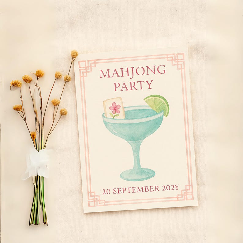 May include: A light beige invitation card with the text "MAHJONG PARTY" in purple. The card features a watercolour illustration of a cocktail with a mahjong tile and lime wedge. The date "20 SEPTEMBER 202Y" is also printed on the card.