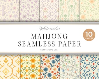Watercolor Mahjong Seamless Paper, Asian Tile Pattern (Digital Download)