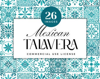 Turquoise talavera tegel clipart, aquarel bloemen mozaïek, transparante achtergrond (digitale download)