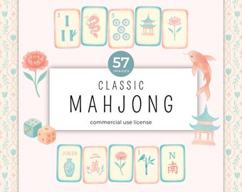 Watercolor Mahjong Tile Clipart, Asian Design Elements (PNG)