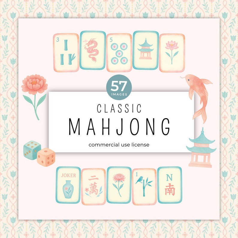 Akvarell Mahjong-kakel Clipart, asiatiska designelement (PNG) bild 1