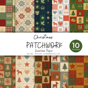 May include: A collection of ten Christmas patchwork seamless papers. The papers feature various patterns including snowflakes, stars, trees, hearts, and animals in red, green, beige, and blue. The text "Christmas PATCHWORK" is displayed.