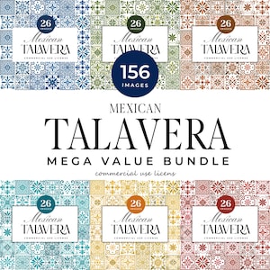 May include: A digital art bundle featuring 156 images of Mexican Talavera tile designs. The images showcase various color palettes, including blue, green, brown, gold, and red. Each set includes 26 images with a commercial use license.