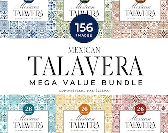 Mexicaanse talavera tegel clipartbundel, aquarel bloemenmozaïek, transparante achtergrond (156 afbeeldingen, digitale download)