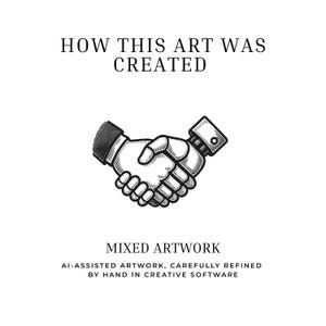 Puede incluir: Ilustraci&oacute;n en blanco y negro de un apret&oacute;n de manos, con el texto "HOW THIS ART WAS CREATED" arriba y "MIXED ARTWORK" abajo. Tambi&eacute;n est&aacute; presente el texto "AI-ASSISTED ARTWORK, CAREFULLY REFINED BY HAND IN CREATIVE SOFTWARE".