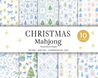 Mahjong Clipart – Christmas Mahjong Seamless Paper, Holiday Mahjong Patterns, Blue Watercolor Pattern