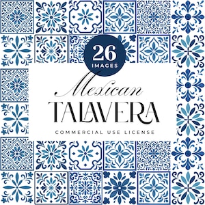 May include: A collection of 26 images featuring blue and white Mexican Talavera tile designs. The tiles showcase floral and geometric patterns, with a commercial use license. The design is framed by a border of similar tiles.