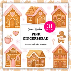 Gingerbread House Clipart – Pink Christmas PNG, Watercolor Candy Cottage Art, digital download