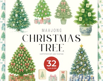Mahjong Clipart – Christmas Mahjong Tree PNG, Watercolor Christmas Trees, Holiday Party Decor