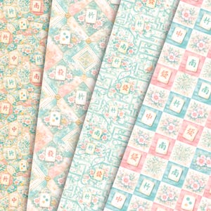 May include: A collection of patterned paper sheets with a floral and tile design. The sheets feature pastel colors, including pink, blue, and cream, with Chinese characters and floral motifs. The patterns are suitable for scrapbooking or crafting.