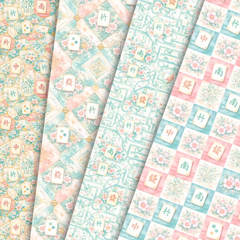 May include: A collection of patterned paper sheets with a floral and tile design. The sheets feature pastel colors, including pink, blue, and cream, with Chinese characters and floral motifs. The patterns are suitable for scrapbooking or crafting.