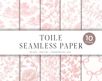 Pink Floral Toile Seamless Patterns, Coquette Backgrounds (Digital Download)