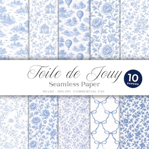Puede incluir: Una colección de diez papeles sin costuras con un diseño Toile de Jouy azul y blanco. Los patrones incluyen escenas con globos aerostáticos, arreglos florales y elementos arquitectónicos. Se muestra el texto "Toile de Jouy".