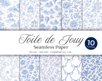 Blue Toile de Jouy Seamless Pattern Bundle, French Floral (Digital Download)