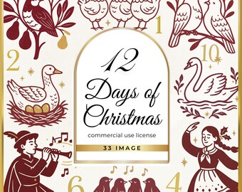 12 Days of Christmas Clipart – Vintage Xmas Graphics (Digital Download)