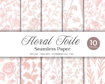 Pink Toile Seamless Pattern Bundle, French Floral Paper (Digital Download)