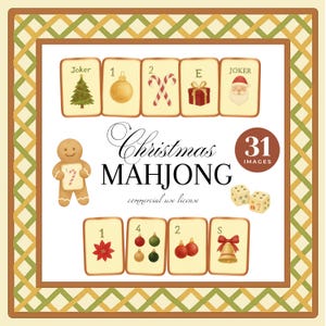 Könnte beinhalten: Ein Weihnachts-Mahjong-Set mit illustrierten Spielsteinen. Die Spielsteine zeigen Weihnachtssymbole wie einen Baum, Kugeln, Zuckerstangen, ein Geschenk und den Weihnachtsmann. Ein Lebkuchenmann und Würfel sind ebenfalls abgebildet.