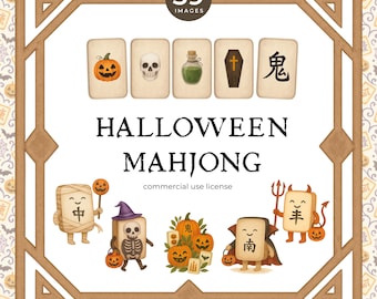Halloween Mahjong Clipart: Pastel Chinoiserie Tiles, Seamless Pattern (PNG Digital Download)