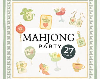 Aquarel mahjong-clipart: pastelkleurige Aziatische tegelset (png-download, inclusief naadloos patroon)