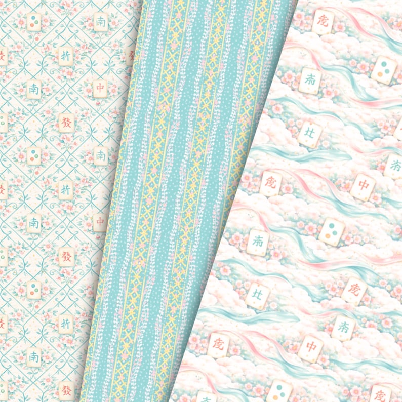 May include: Three patterned papers with a floral and Asian-inspired theme. One paper has a light blue background with a floral and house pattern. Another has a light blue background with a vertical pattern of yellow and white. The third paper has a white background with pink and blue accents and Asian characters.