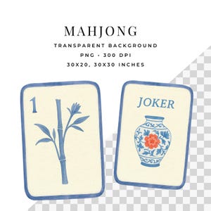 Puede incluir: Dos fichas de Mahjong con fondo transparente. Una ficha presenta un dise&ntilde;o de bamb&uacute; azul y el n&uacute;mero 1. La otra ficha tiene un dise&ntilde;o de jarr&oacute;n floral azul y rojo con la palabra "JOKER" en azul.