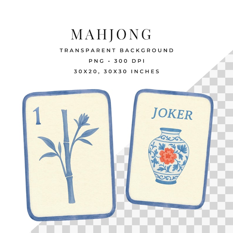 Puede incluir: Dos fichas de Mahjong con fondo transparente. Una ficha presenta un dise&ntilde;o de bamb&uacute; azul y el n&uacute;mero 1. La otra ficha tiene un dise&ntilde;o de jarr&oacute;n floral azul y rojo con la palabra "JOKER" en azul.