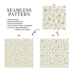 Puede incluir: Dise&ntilde;o de patr&oacute;n sin costuras con fichas de Mahjong repetidas en rojo, verde y azul sobre un fondo crema. La imagen incluye el texto "PATR&Oacute;N SIN COSTURAS" y detalles sobre las dimensiones y usos del patr&oacute;n.