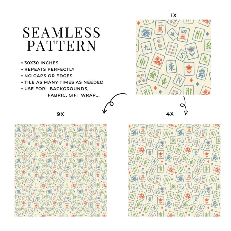 Puede incluir: Dise&ntilde;o de patr&oacute;n sin costuras con fichas de Mahjong repetidas en rojo, verde y azul sobre un fondo crema. La imagen incluye el texto "PATR&Oacute;N SIN COSTURAS" y detalles sobre las dimensiones y usos del patr&oacute;n.