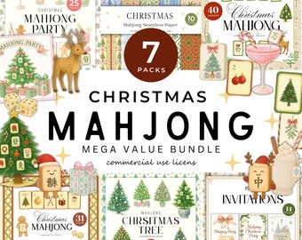 Christmas Mahjong Clipart Bundle- Watercolor Mahjong Tile Png, Seamless Pattern, Party Set - Digital Download