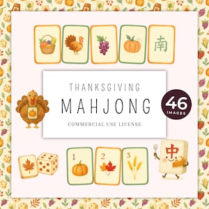 May include: Thanksgiving Mahjong set with 46 images. The cards feature watercolour illustrations of a turkey, pumpkin, grapes, and other autumn-themed images. The set includes dice and a cartoon character holding a fork.
