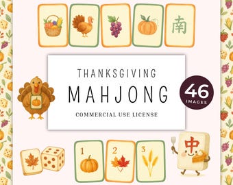 Thanksgiving Mahjong Clipart, Watercolor Autumn Tiles, Party Decor (PNGs)