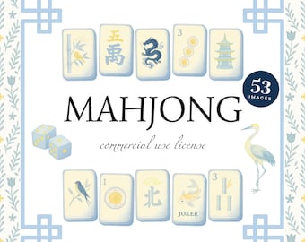 Watercolor Mahjong Clipart Set, Pastel Asian Tiles, Seamless Pattern (53 PNGs)